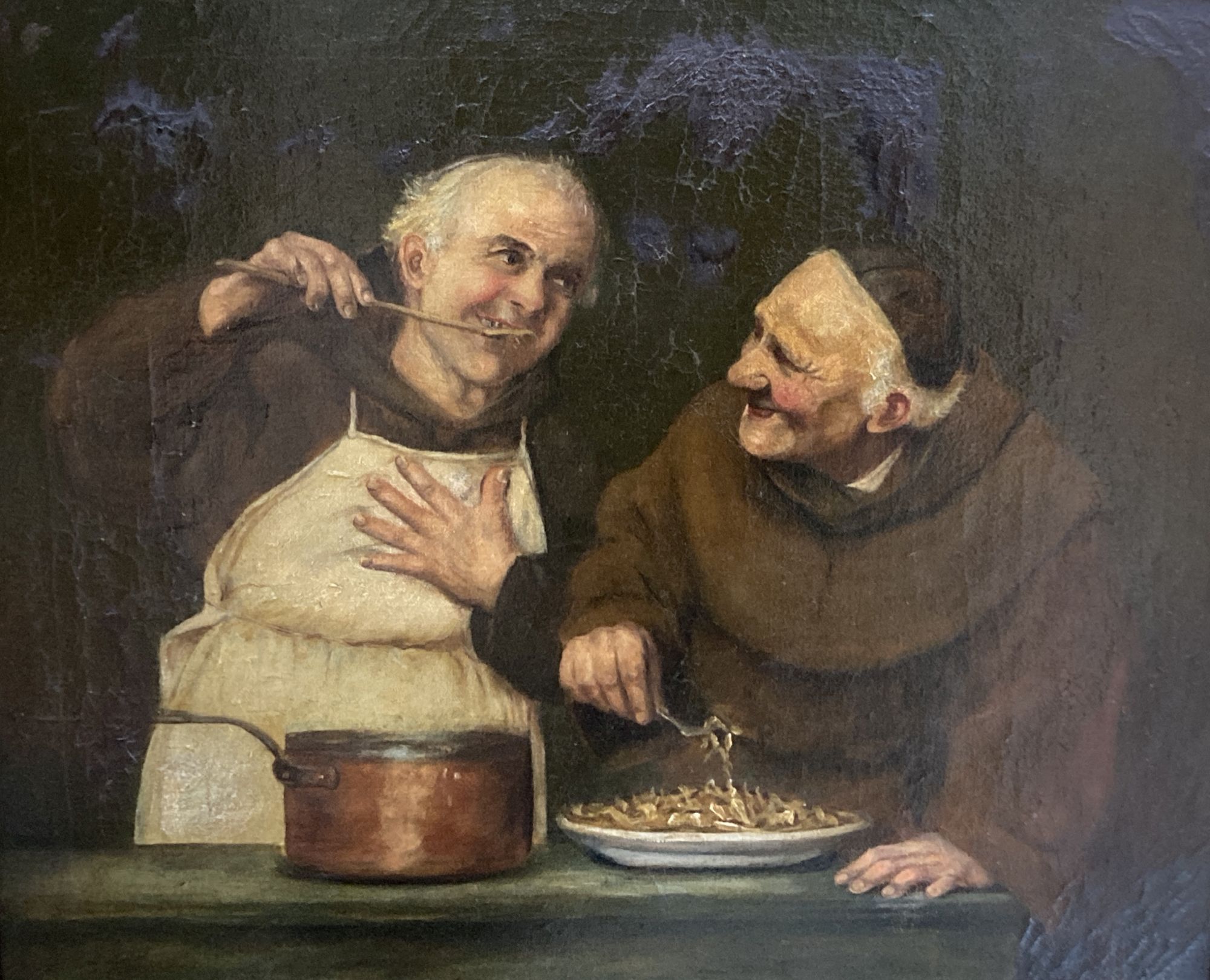 Morson Wood, oil on canvas, Monks in a scullery, after Sadler, 50 x 60cm